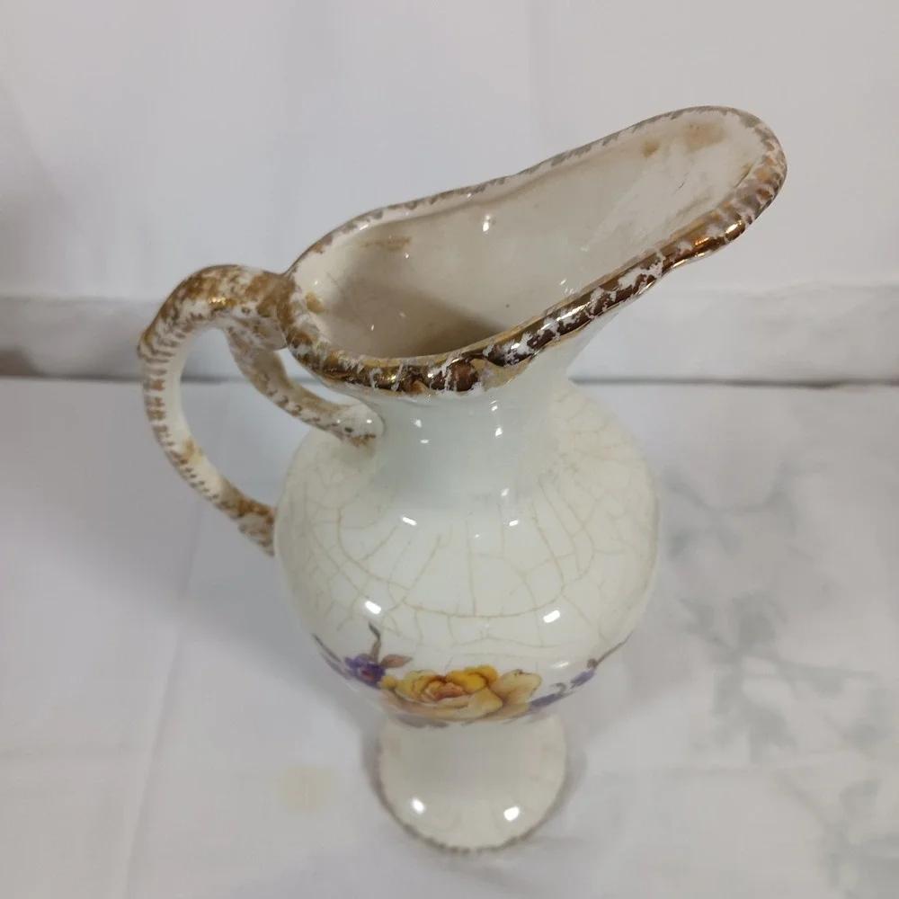 Vintage Pitcher Vase Home Decor Med Cream Good Floral Crackle Glaze Gold Trim